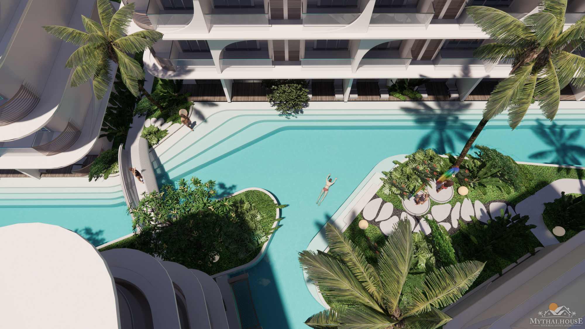 Top view of the 2,000 sqm lagoon swimming pool and gardens at Anava Samui