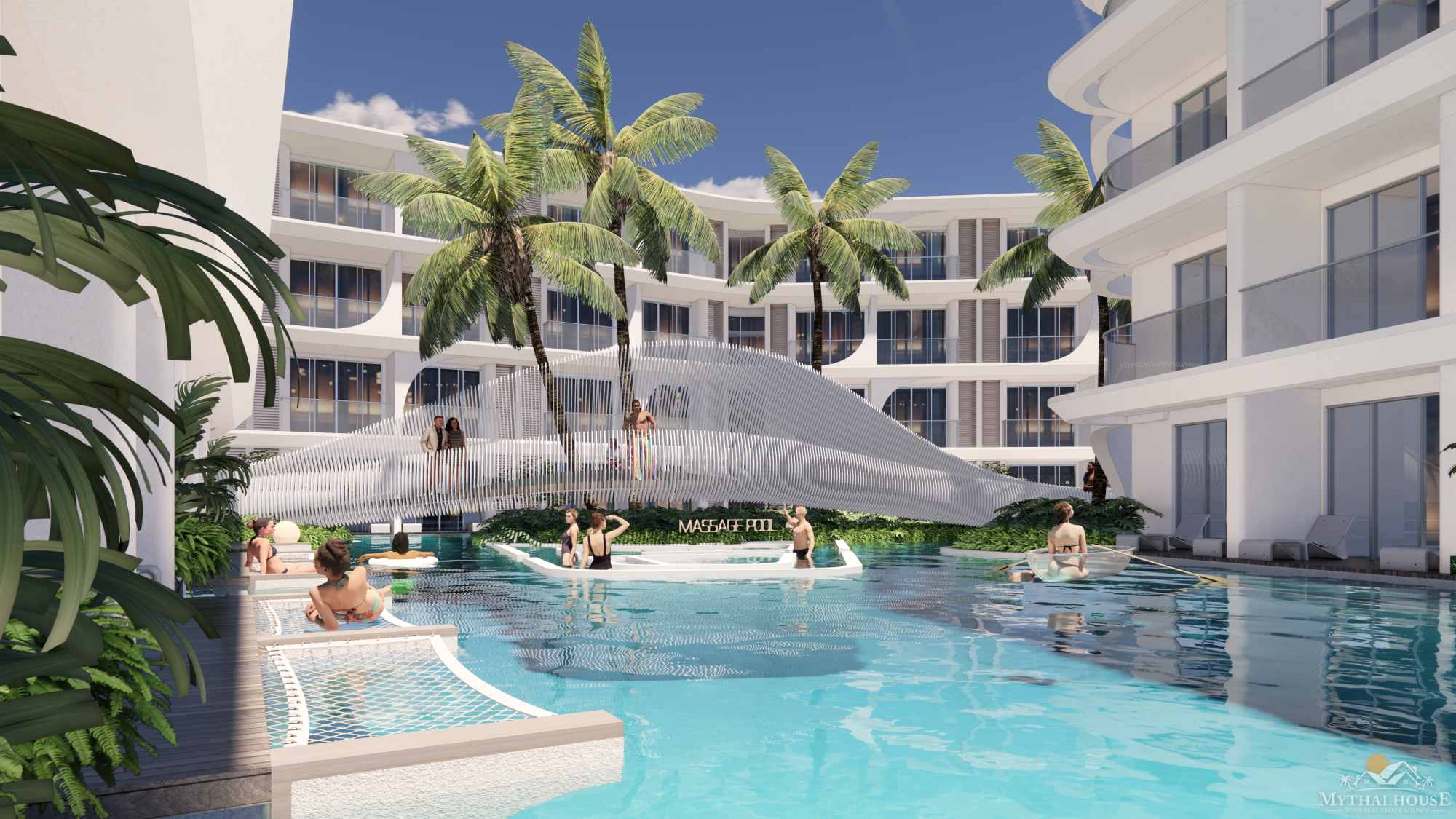 Anava Samui massage pool and sculptural white bridge over the lagoon pool