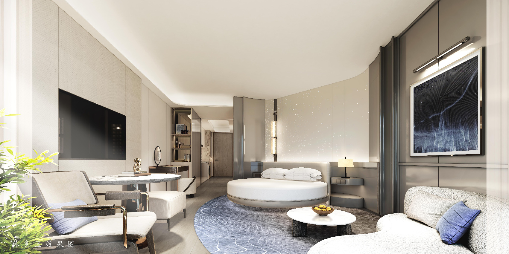 Suite interior with round bed and lounge area at Anava Samui