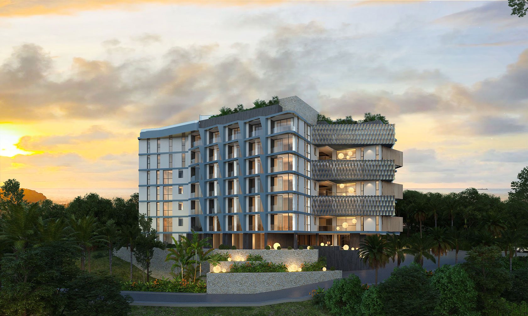 Ashiyana Heights, Kata, Phuket – Ashiyana Heights exterior at sunset (render)