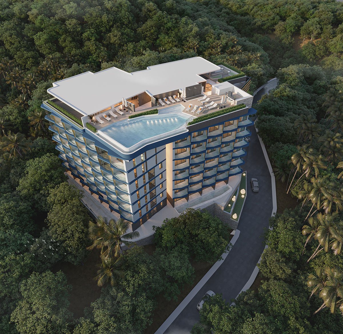 Ashiyana Heights, Kata, Phuket – Aerial view of the building with rooftop pool