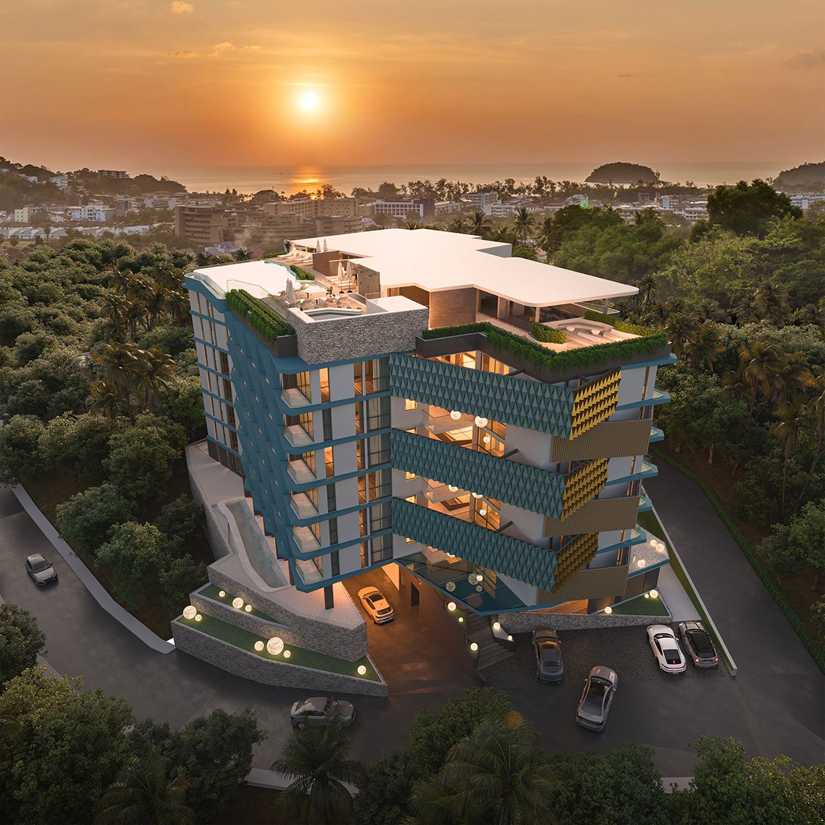Ashiyana Heights, Kata, Phuket – Aerial view at sunset over Kata hills