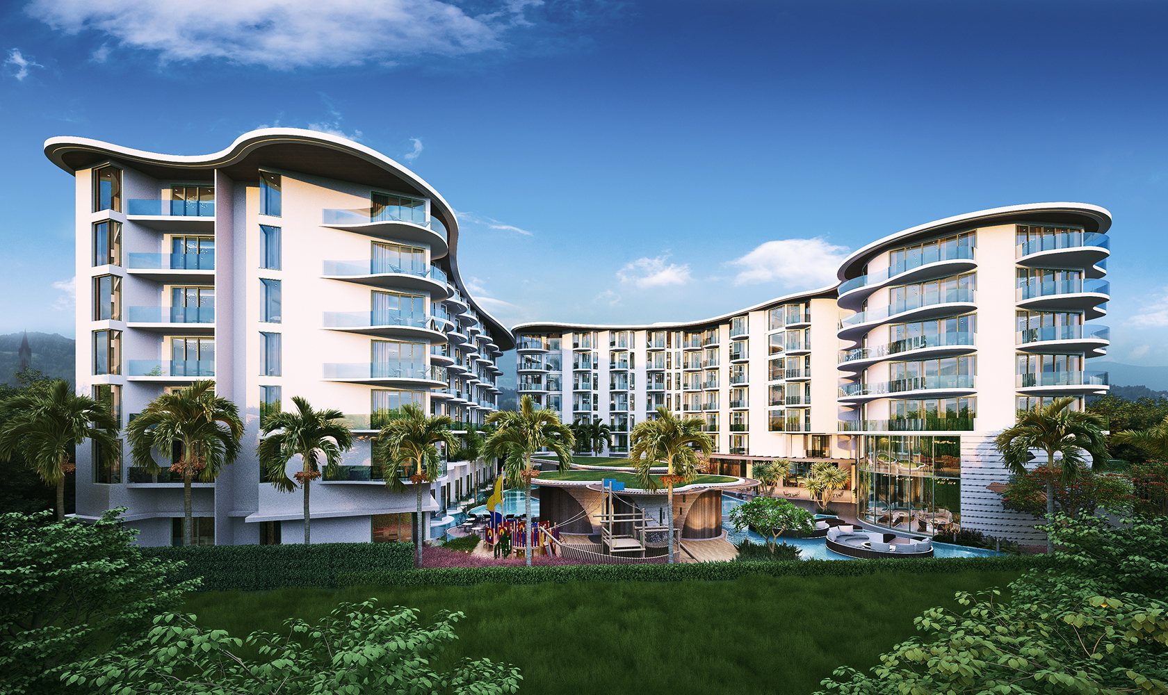 AURA Condominium, Rawai, Phuket – AURA Condominium exterior with pools (render)