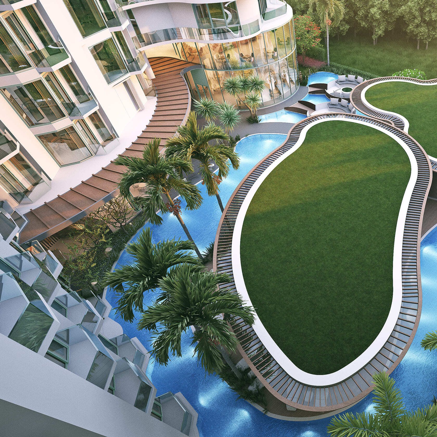 AURA Condominium, Rawai, Phuket – Aerial view of pools and garden island