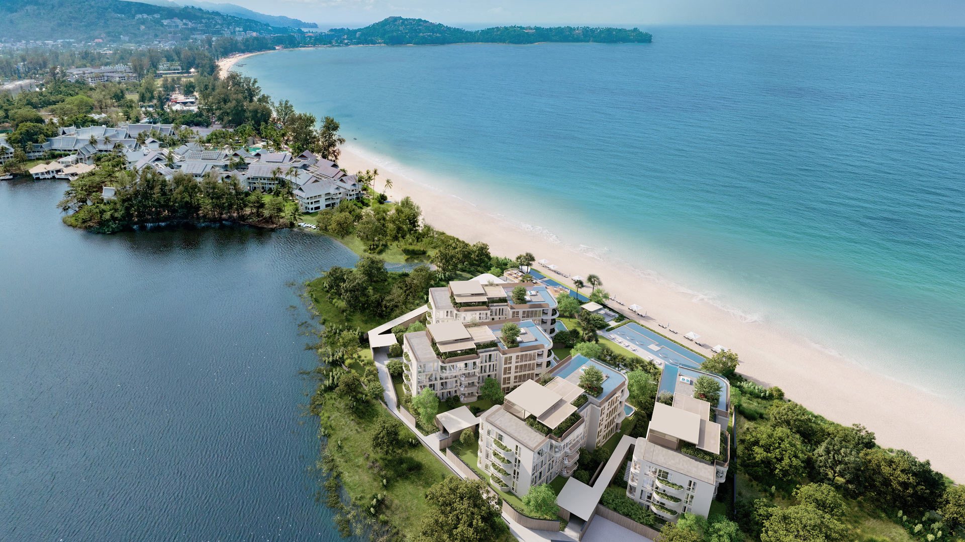 Banyan Tree Beach Residences Oceanus, Laguna, Phuket – Aerial view on Bang Tao Beach (render)