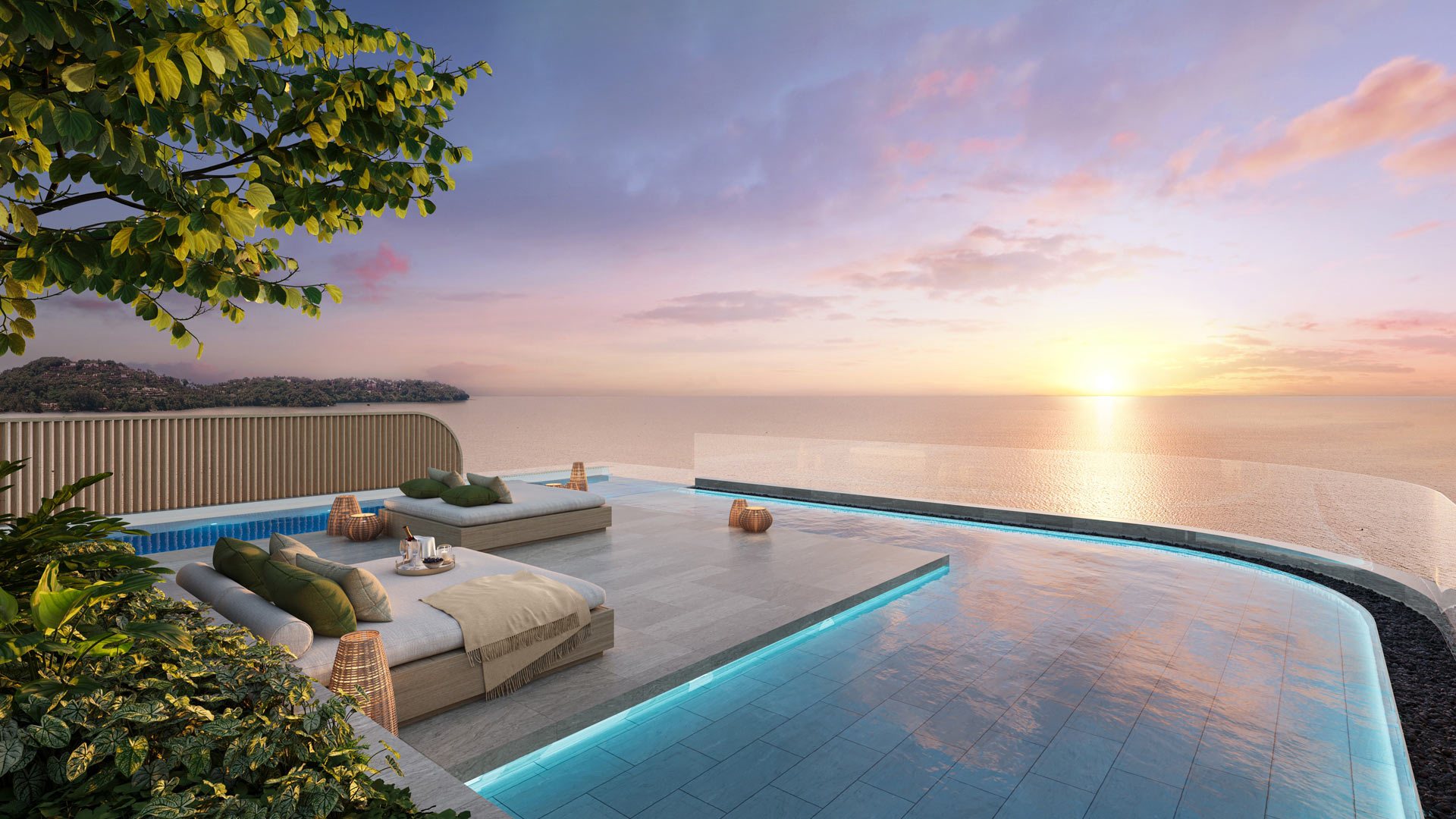Banyan Tree Beach Residences Oceanus, Laguna, Phuket – Penthouse rooftop pool at sunset (render)
