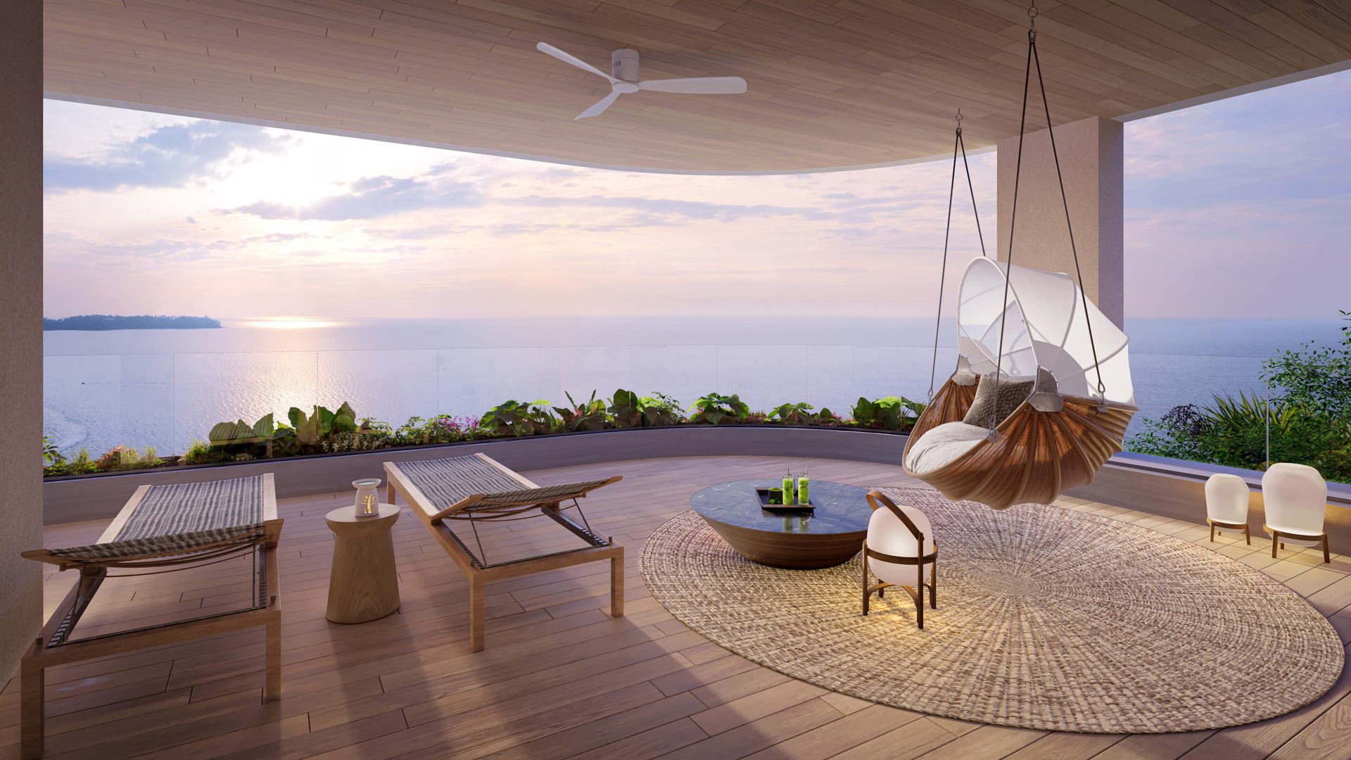 Banyan Tree Beach Residences Oceanus, Laguna, Phuket – Terrace at sunset (render)