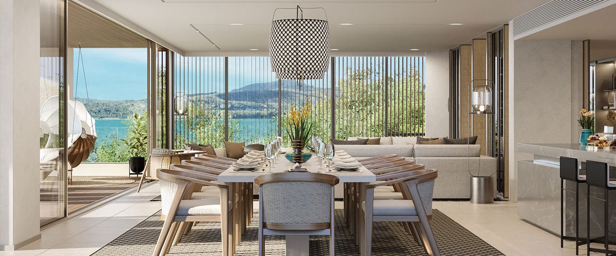 Banyan Tree Beach Residences Oceanus, Laguna, Phuket – Residence living and dining room (render)
