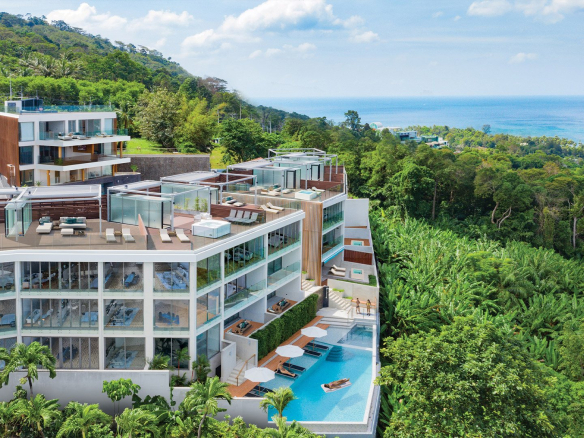 Bluepoint Condominiums, Patong, Phuket – Aerial view of Bluepoint with pool and sea view