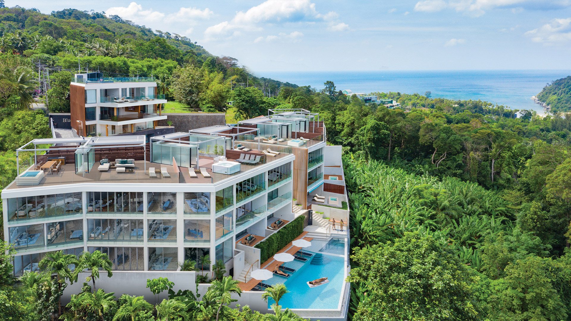 Bluepoint Condominiums, Patong, Phuket – Aerial view of Bluepoint with pool and sea view
