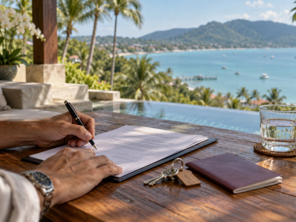 Signing a property purchase agreement on a villa terrace overlooking a bay in Koh Samui