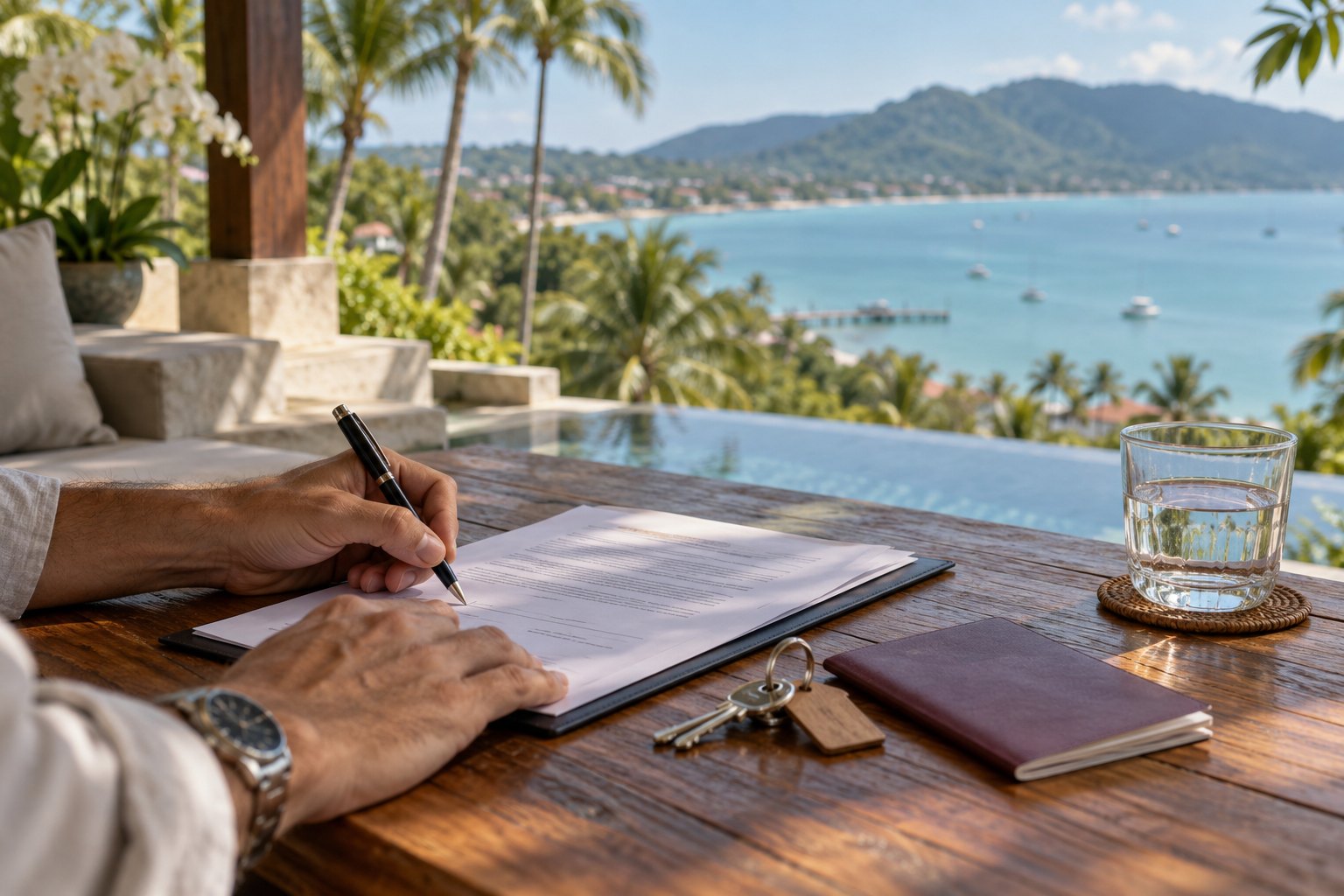Signing a property purchase agreement on a villa terrace overlooking a bay in Koh Samui