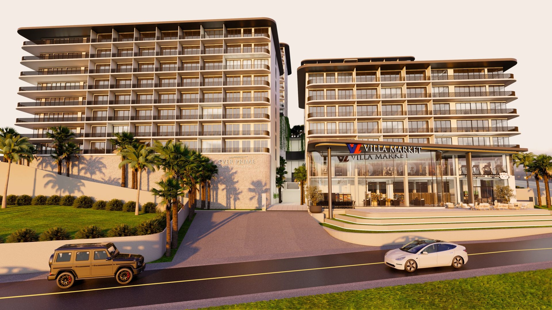 Ever Prime Residences Karon, Karon, Phuket – Street view of the buildings with Villa Market at ground level