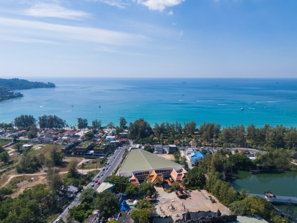 Fantasea Condo Kamala, Kamala, Phuket – Aerial view of the completed buildings with Kamala hills behind