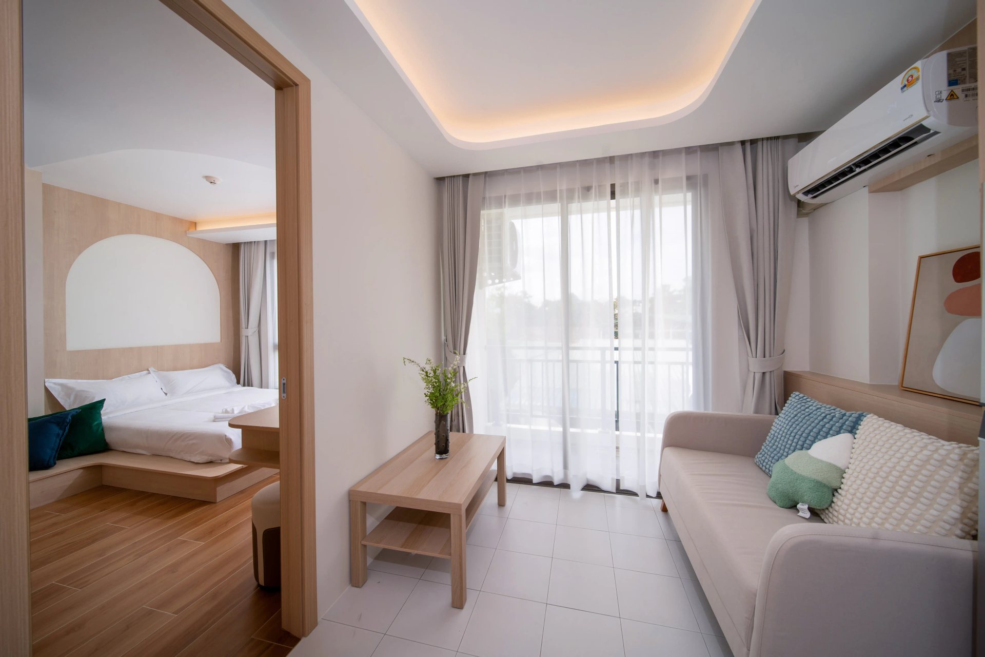 fantasea condo kamala 09 Fantasea Condo Kamala, Kamala, Phuket – Type A - living area with kitchen and balcony