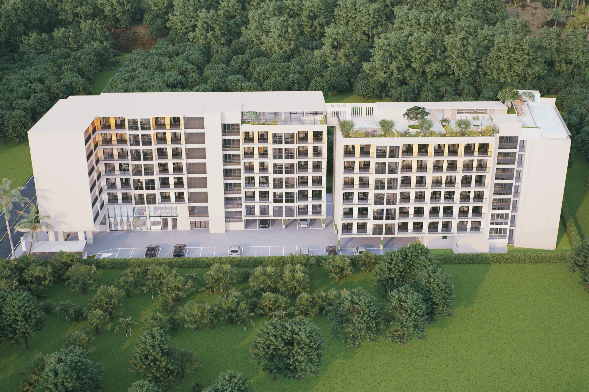 Fantasea Condo Rawai, Rawai, Phuket – Aerial render of the buildings set against the hillside