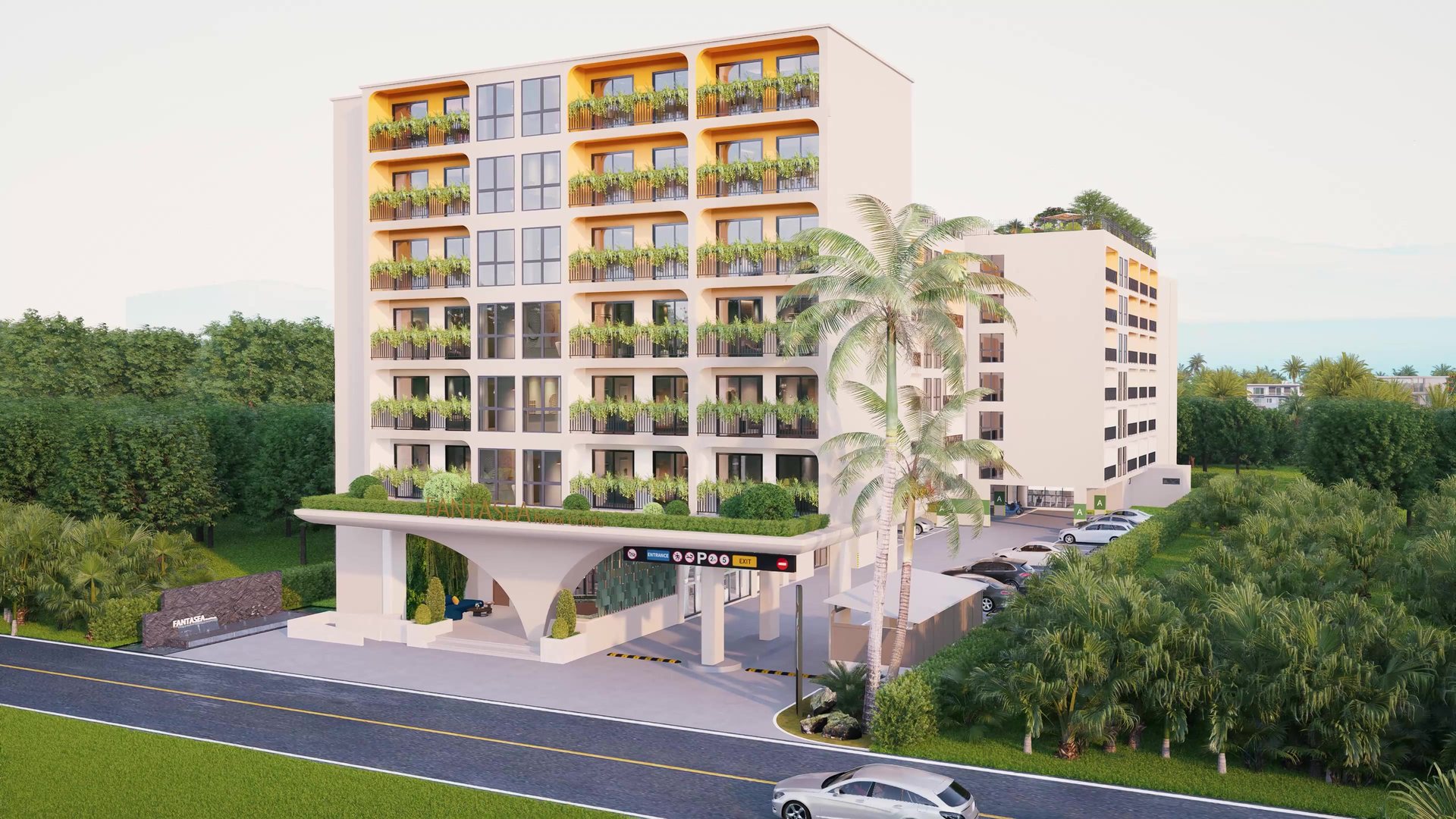 Fantasea Condo Rawai, Rawai, Phuket – Street-level render of the building facade and entrance