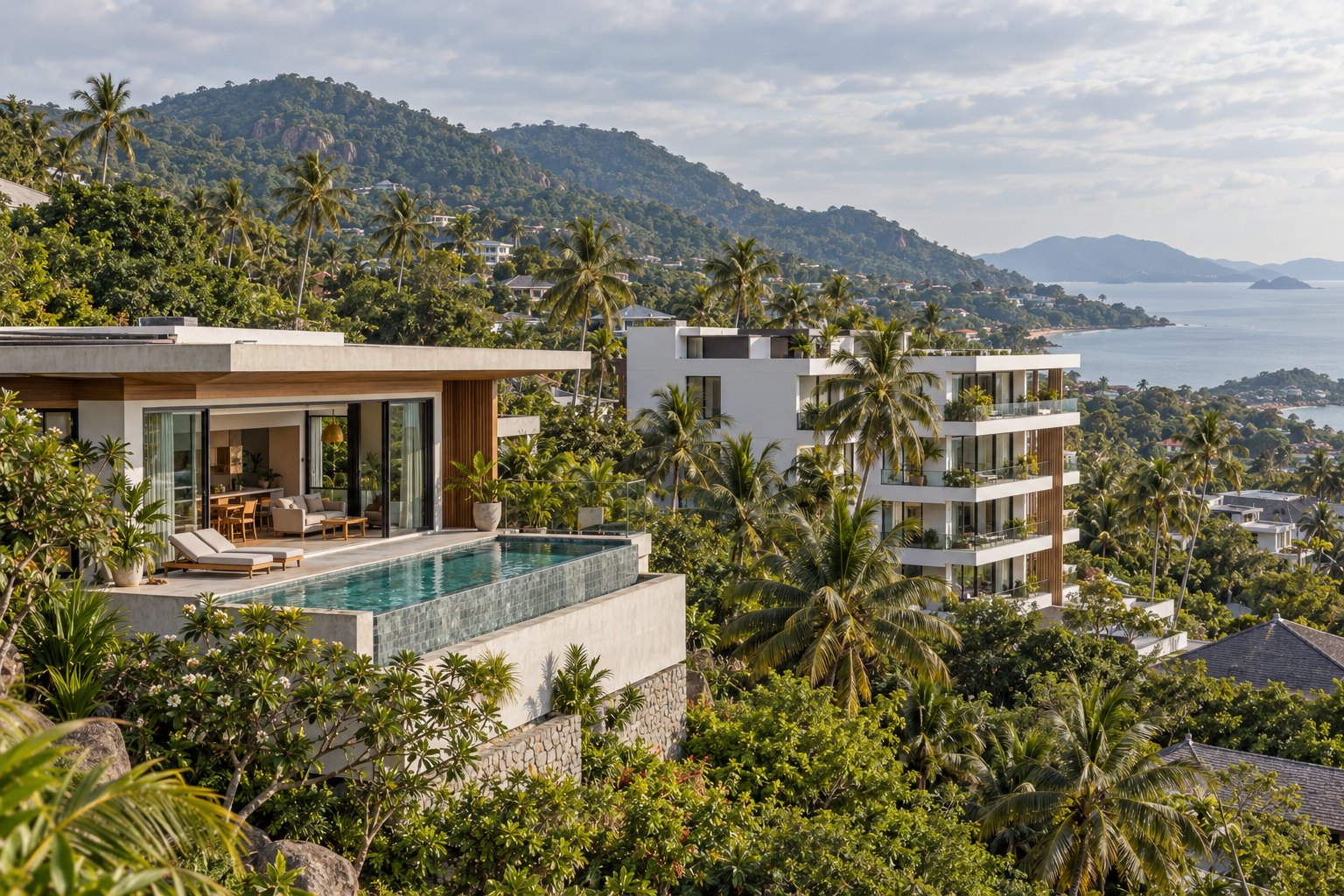 Private pool villa next to a low-rise condominium on a hillside in Koh Samui