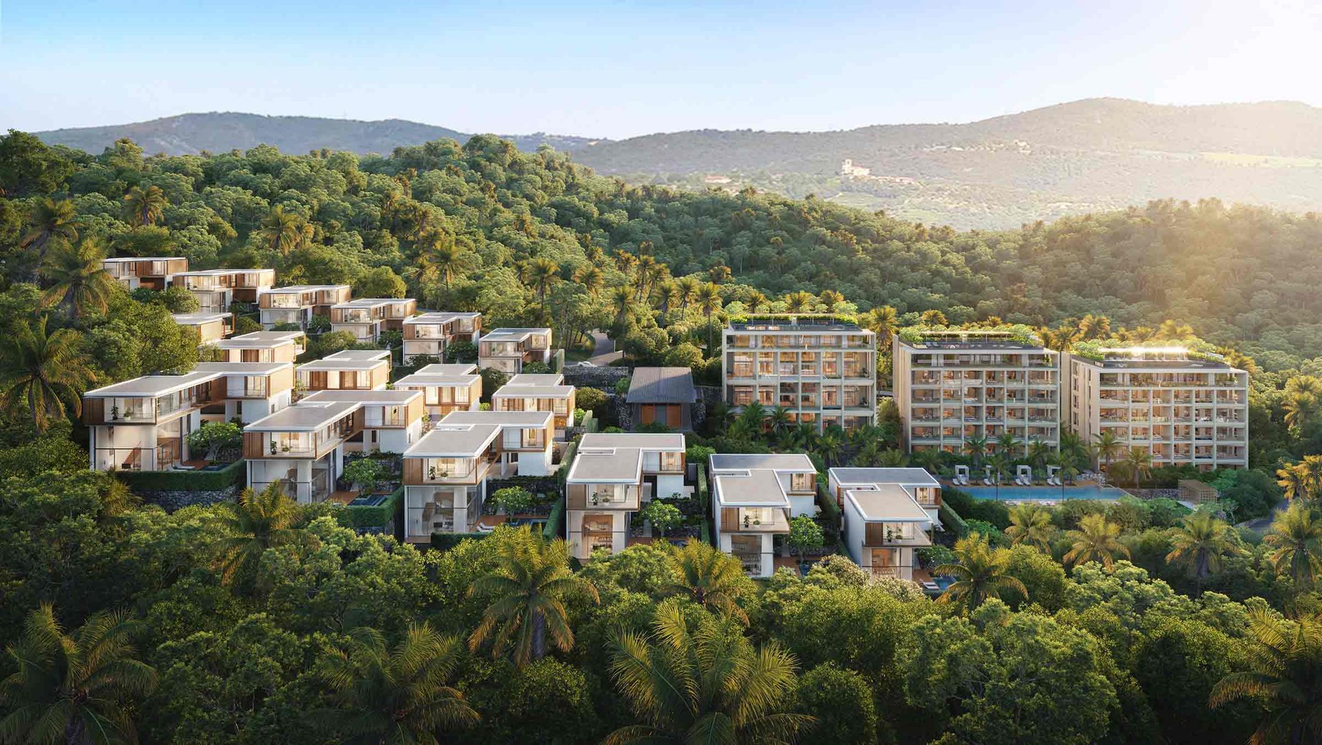 Kiara Reserve Residences (condominiums), Layan, Phuket – Bird's-eye view of Kiara Reserve in the Layan hills