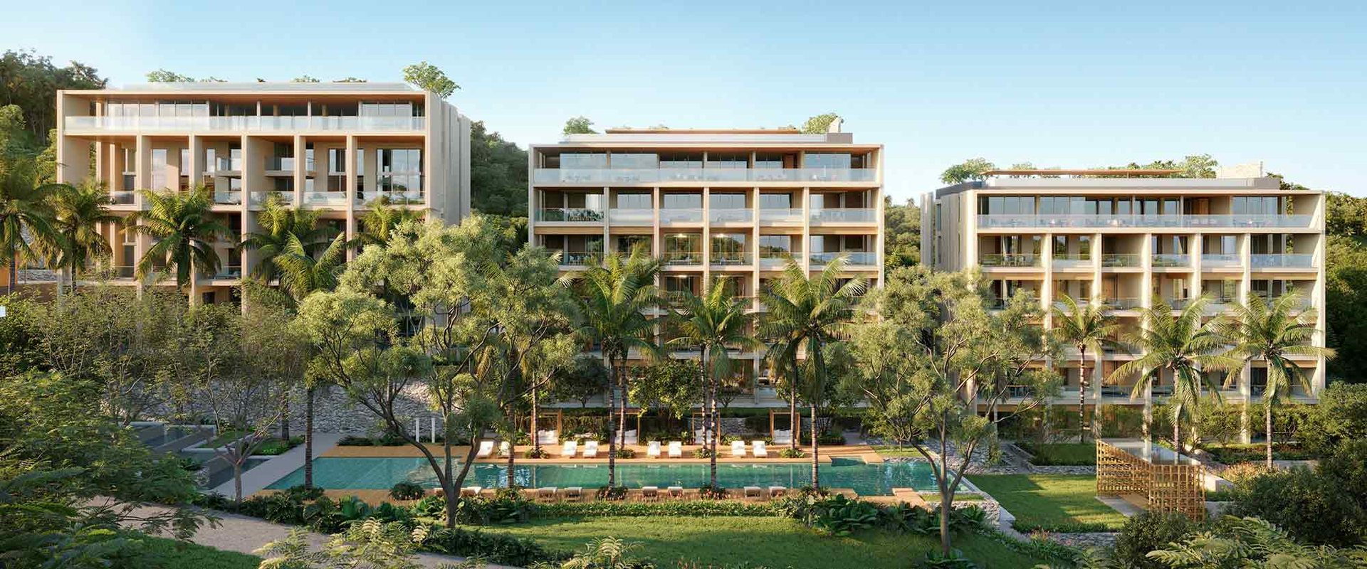 Kiara Reserve Residences (condominiums), Layan, Phuket – Condominium buildings and pool
