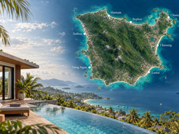Pool villa terrace with a map of Koh Samui areas