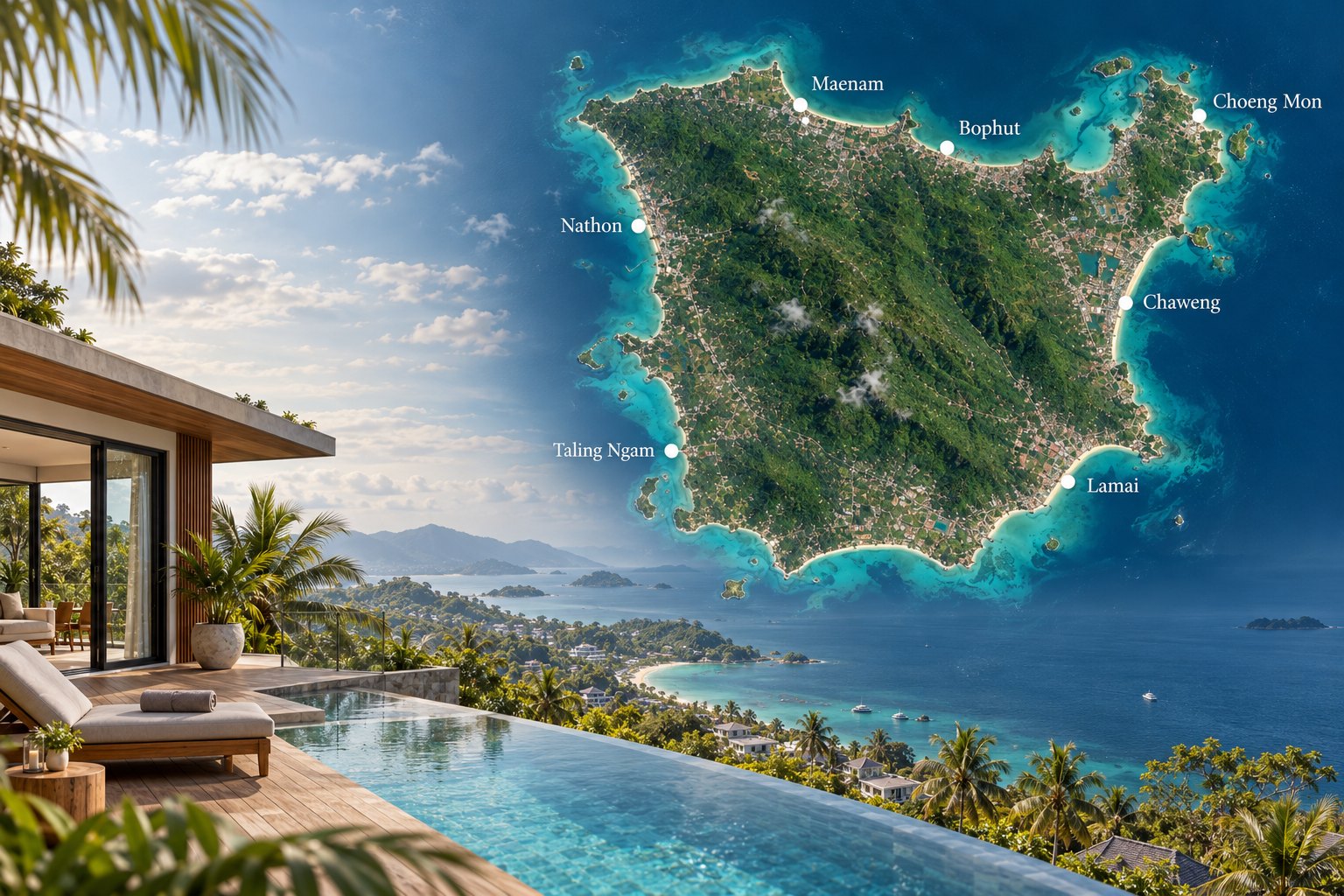 Pool villa terrace with a map of Koh Samui areas