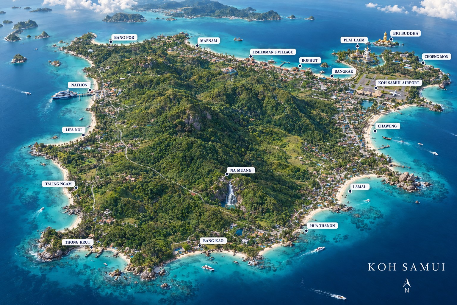 Illustrated 3D map of Koh Samui with main areas and landmarks