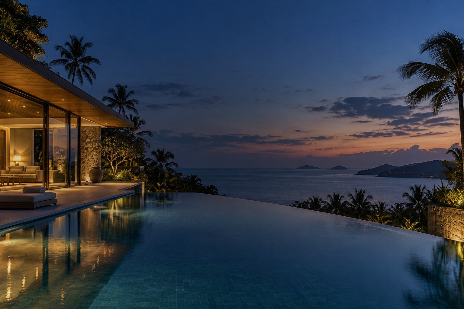 Luxury pool villa in Koh Samui at blue hour